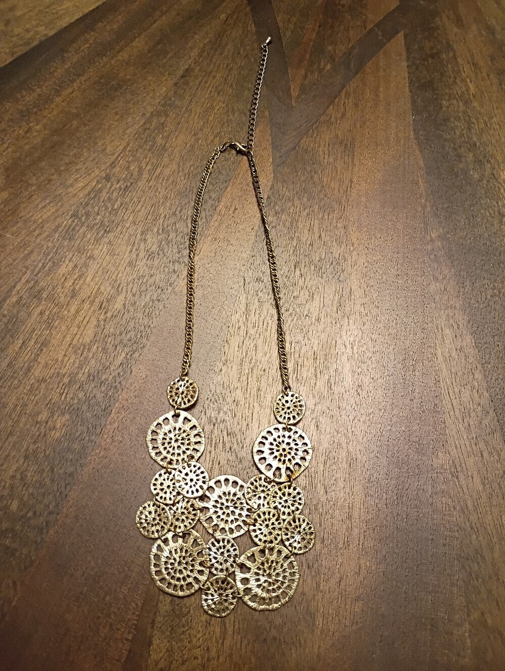 Vintage Gold Tone Filigree Statement Bib Necklace Boho Medallion Disc Adjustable